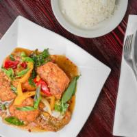 Spicy Basil Leaves Seafood · Shrimps, fish, mussels, squids, and scallops stir-fried with chill sauce, bell peppers, and ...