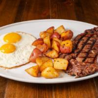 Steak And Eggs · Ribeye steak, 2 eggs any style, served with roasted potatoes or hash browns.