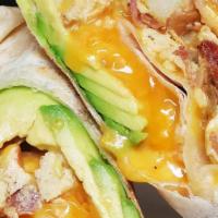 Green Wrap · scrambled eggs, chicken breast, spinach, white onion, bell peppers, mushroom, beans, avocado...