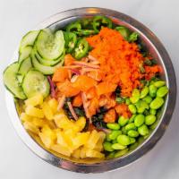 Shredder Bowl · Salmon(raw), masago, edamame, cucumber, jalapeno, pineapple, green onion, rice, citrus ponzu