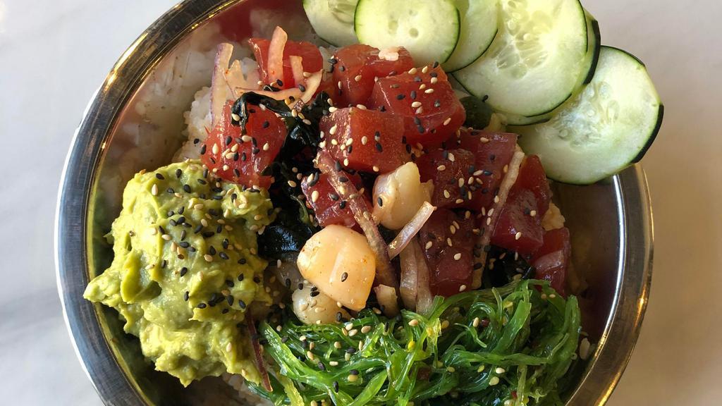 Miyagi Bowl · Ahi tuna(raw), scallops(raw), avocado, wakame, cucumber, sesame seeds, rice, classic shoyu