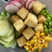 Crispy Tofu Salad · crispy tofu, mixed greens, cucumber, sweet corn, edamame, radish, miso aioli or citrus ponzu...