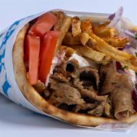 Beef/Lamb Gyro Pita · A seasoned beef and lamb mix, cooked on a vertical rotisserie, served on a warm pita bread f...
