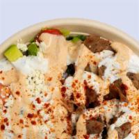 Gyro Bowl · Choice of any meat or falafel, basmati rice, romaine lettuce, onions, tomatoes, English cucu...