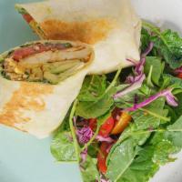 Spiced Chicken Wrap (D,S,G) · Grilled spiced chicken breast, baby kale, sheep's milk feta, avo smash, heirloom tomato and ...