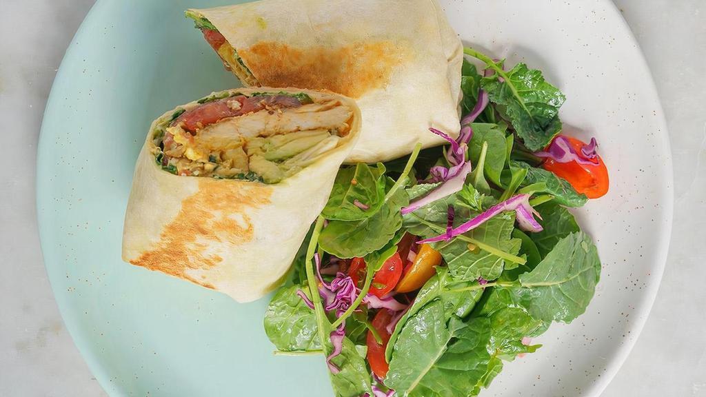Spiced Chicken Wrap (D,S,G) · Grilled spiced chicken breast, baby kale, sheep's milk feta, avo smash, heirloom tomato and cumin yogurt served with a dressed salad.. Allergens: G = Contains gluten, D = Contains dairy, S = Contains soy