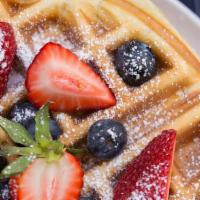 Waffle With Mixed Fruit Ice Cream · Rich buttermilk waffle, crisp and golden, maple syrup and whipped cream.
Strawberry, Blueber...
