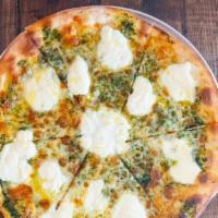 Pesto Pizza · Fresh homemade Pesto (contains nuts),
Mozzarella and Ricotta cheese on Hand tossed New York ...