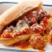  Meatball Parm Sub · Homemade meatballs in tomato sauce, Melted Mozzarella & Parmesan, homemade bun