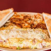 Denver Cheese Omelette Breakfast · Diced ham, bell pepper, onion and shredded cheese.
Served with hash brown and side of toast ...