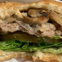 Mushroom Burger Combo · Mushroom, white cheese, 1000 Island dressing, onion, lettuce, tomato and pickle. Includes fr...