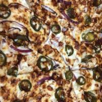 Chipotle Chicken Pizza (Medium) Pickup Only · garlic white sauce, mozzarella cheese, chicken, onions, jalapeños, chipotle sauce drizzle