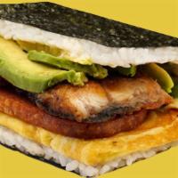 Unagi Supamu · Unagi, avocado, spam and sweet egg tamago, with eel sauce.