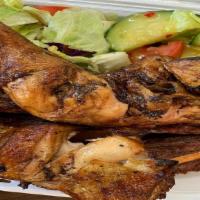Chicken Plate · 2 pc of chicken ( leg + thigh) salad, salsa, bread, chili beans