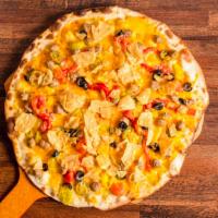 Nacho Pizza · Cheddar cheese, ground beef, Colby cheese, black olives, pepperoncini, jalapeños, tomatoes, ...