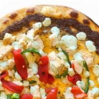 Spicy Chipotle Chicken Pizza · Chicken, poblanos, roasted red pepper, Colby cheese, cilantro sauce, chipotle pesto.