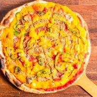 100% Vegan Pizza · Vegan. Contains nuts. Marinara, bell peppers, poblanos, mushrooms, vegan Parmesan, vegan Che...