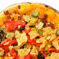 Vegan Nacho Pizza · Vegan. Vegan Cheddar cheese, soyrizo, black olives, pepperoncini, jalapeños, diced tomatoes,...