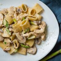 Sunset Pasta · Natural chicken breast, asparagus, onions and mushrooms in a cream sauce. Suggested noodle: ...