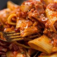 Arrabiata Pasta · Hot! Hot! Hot!	Pancetta (Italian bacon), onions, Parmesan cheese, garlic, olive oil, parsley...