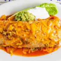 Burrito Gordo · Served with Rice and Beans, Lettuce, Tomato, Cheese & Meat, rolled in a flour tortilla, topp...