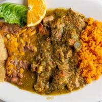 Chile Verde · Chile verde sauce, choice of tortilla, rice & beans on the side