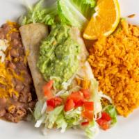 Taquitos (2) · Choice of meat, topped with guacamole, rice & beans on the side