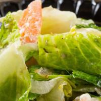 Greek Salad Large · Hearts of romaine lettuce, tomatoes, cucumbers, onion, topped with feta cheese, kalamata oli...