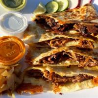 Quesadilla · LARGE FLOUR TORTILLA FILLED WITH FRESH MELTED MOZZARELLA  AND HEFTY PORTION OF TENDER BARBAC...