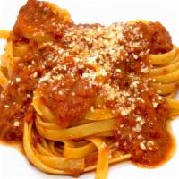 Fettuccine Bolognese Pasta · Homemade all beef meat sauce.