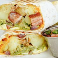 California Breakfast Burrito · Egg, bacon, potato, avocado, cheese, salsa verde, pico de gallo.