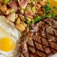 Rib Eye Steak & Eggs · Breakfast entrees include 2 eggs with your choice of hash browns or homestyle potatoes and t...