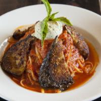 Eggplant Arrabiata · Soy-free. Breaded eggplant served over linguine with spicy tomato sauce. Topped with cashew ...