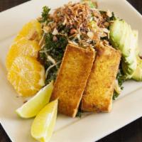Asian Kelp Noodle Salad · Gluten-free. Marinated tofu, almond butter ginger dressing, edamame, cucumber, carrot, avoca...