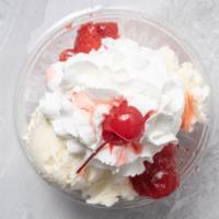 Strawberry Shortcake Sundae · Two pieces of shortcake & made with Vanilla ice cream, strawberry topping, whipped cream & c...
