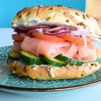 Smoked Salmon Bagel · Smoked salmon, cream cheese, tomatoes, cucumber, pickled red onion, capers and bagel of your...