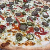Spicy Meatball Pie Special · That's a spicy meatball!  Meatballs, red sauce, mozzarella, roasted red peppers, jalapeños a...