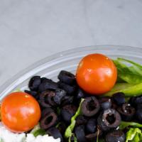 Greek Salad · Romaine, feta, black olives, roma tomatoes, green peppers, roasted red peppers, roasted garl...