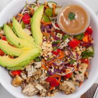 Hang Ten Thai · Dairy free, contains nuts. Organic Asian slaw, cucumbers, buckwheat soba noodles, red and gr...