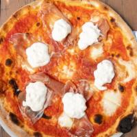 Pizza Burrata E Prosciutto Crudo · Your choice of pizza crust served with our signature red sauce,  mozzarella (Mozzarella Fior...