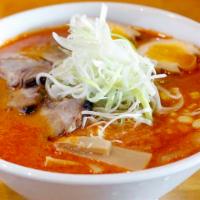 Red Tonkotsu Ramen · Spicy miso pork base soup with bamboo shoot, thin sliced green onion, soft boiled egg and ch...