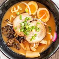 Miso Ramen · Roasted pork chashu, boiled egg, kikurage mushroom bamboo shoots, green onions, sprouts, fis...