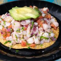 Tostada De Ceviche De Camaron · Shrimp ceviche tostada.