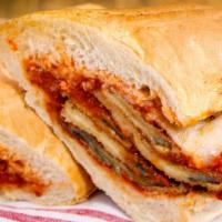 Eggplant Parmesan Sandwich · Eggplant with marinara sauce topped with mozzarella cheese and baked to perfection.