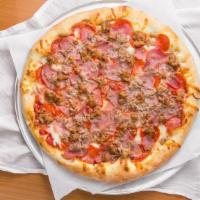 Meat Lover Heaven Pizza · Loads of pepperoni, ham, meatball, Italian sausage, bacon bits & Canadian bacon.