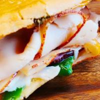 Chicken Panini · Chavata bread, mayonnaise, roasted chicken, bell pepper, Cheddar cheese, pesto sauce, onions...