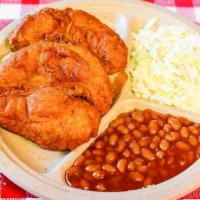 3 Piece Tender Plate · 3 Chicken Tenders.  
Includes Baked Beans and Cole Slaw.