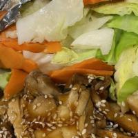 Teriyaki Chicken · Grilled chicken with broccoli, carrots, and onion with teriyaki sauce. Served with rice.