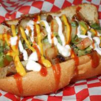 A. Danger Dog · Bacon, grilled onions and peppers, ketchup, mustard, mayo, pico de gallo, avocado