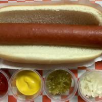 Plain Hot Dog · Ketchup, mustard, relish and onion on the side